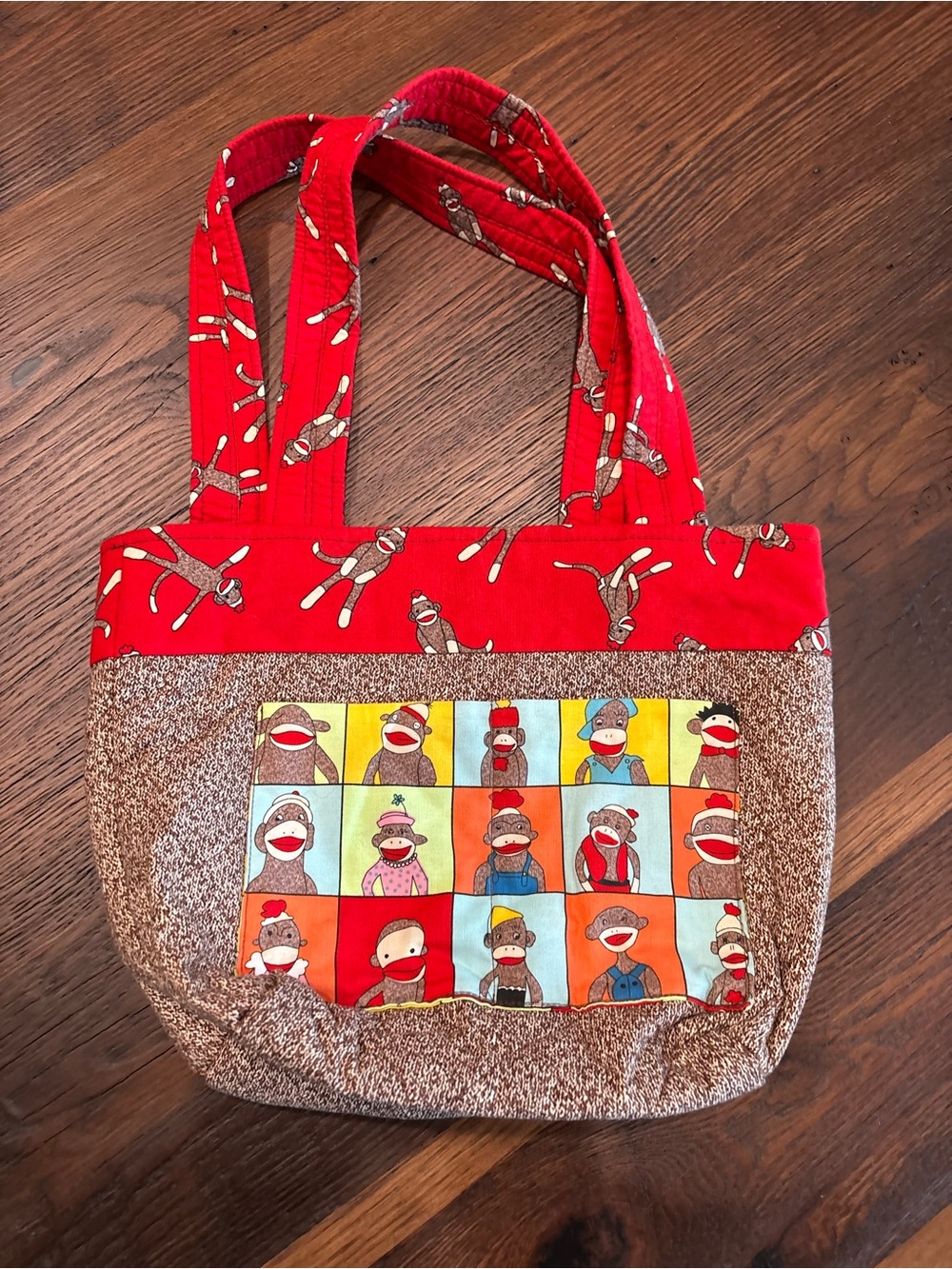 Sock Monkeys, Rare Handmade Whimsy Tote Bag Quilted Patchwork Kids Teacher Fun